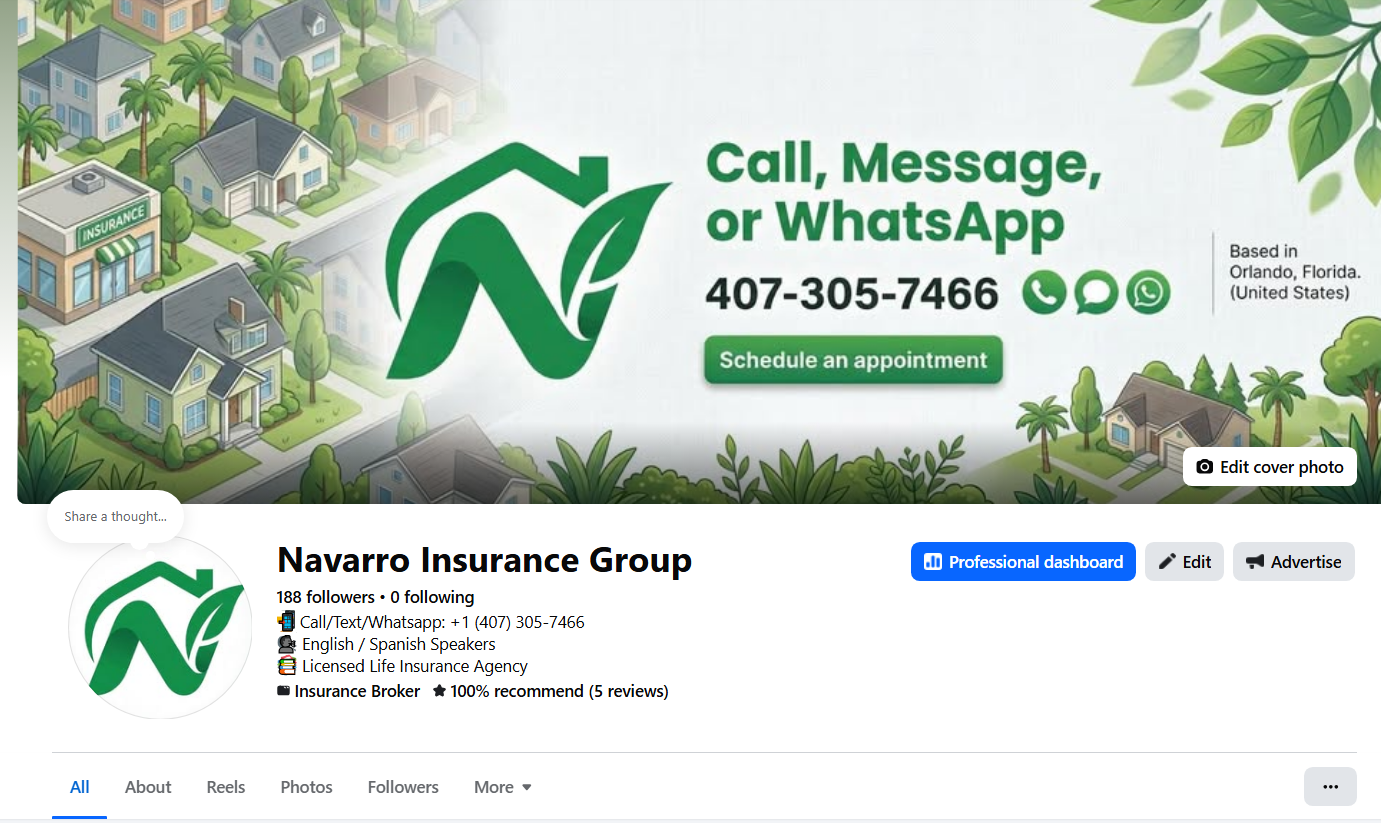 Navarro Insurance Group Facebook cover and profile branding with green logo, phone number, Orlando location, and 100 percent recommend message
